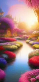 Serene garden with vibrant floral landscape and a tranquil stream at sunset.