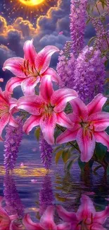 Vibrant lilies and purple flowers under a golden sunset by a serene lake.