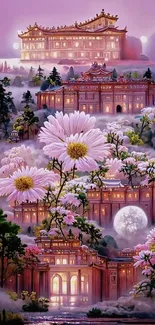 Enchanting fantasy wallpaper with temples, pink flowers, and a full moon.