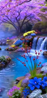 A vibrant fantasy landscape with a waterfall and colorful flowers.