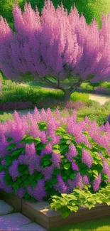 Vibrant pink garden with lush greenery and blooming flowers.