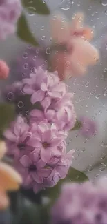 Violet and pink flowers with rain droplets on glass.