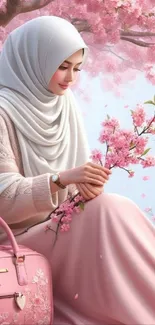 Woman in hijab with pink flowers and butterfly art.