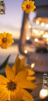 Yellow flowers and lanterns create a serene mobile wallpaper atmosphere.