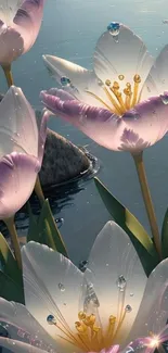 Serene wallpaper of water lilies with dewdrops