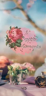 Wallpaper with pink roses and tea setup for special moments.