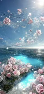 Mobile wallpaper of pink roses floating in a serene ocean under a blue sky.