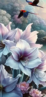 Wallpaper of lilies and parrots in a serene landscape.
