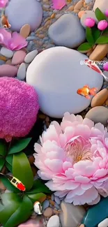 Pink flowers and koi fish among pebbles in a serene wallpaper image.