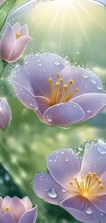 Delicate lavender flowers with dew drops and sunlight on a mobile wallpaper.