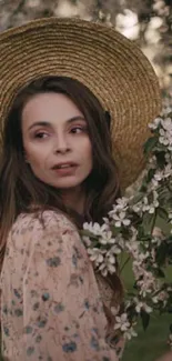 Woman with hat in a floral outdoor setting, embodying elegance and tranquility.