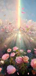 Serene floral scene with rainbow and pink flowers under a vibrant sky.