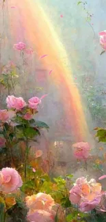 Pink roses with a gentle rainbow in a misty, serene setting.