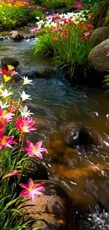 Stream with colorful flowers and lush greenery.