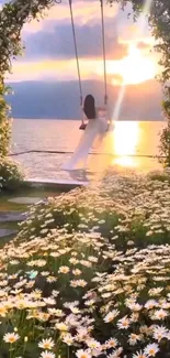 Serene swing amidst daisies at sunset by a lake.