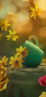 Serene floral wallpaper with a teal teapot and yellow flowers.