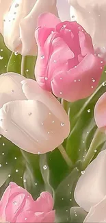 Pink and white tulips with water droplets.
