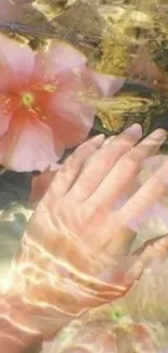 Hand touching water with flowers, serene and artistic.