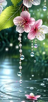 Pink flowers and crystals reflect over a tranquil pond.