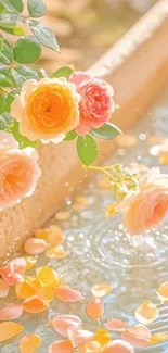 Vibrant roses with petals on water.