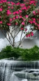 Pink rose tree over a waterfall with lush greenery and serene ambiance.