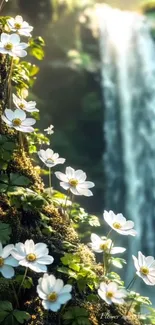 White flowers and waterfall on a serene day.
