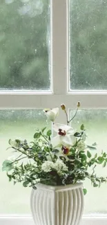 A vase with white flowers by a window, serene and minimalistic.