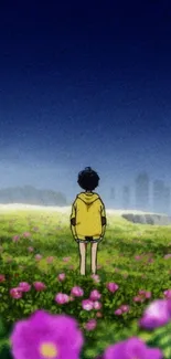 Anime character in yellow jacket amid vibrant flower field with blue sky.