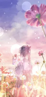 Dreamy mobile wallpaper of a girl in a pastel flower field.