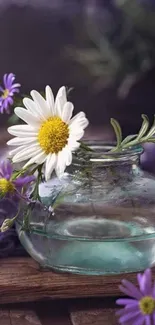 Aesthetic glass vase with daisy and purple flowers.