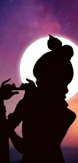 Silhouette of figure playing flute against a vivid galaxy background.