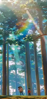 Anime style forest with sunlight beams and two characters.