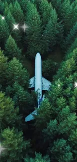 Airplane surrounded by lush green forest trees from above.