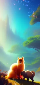 Fluffy orange dog in a mystical forest.