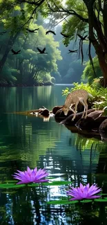 A serene forest scene with a lake and deer, ideal for mobile wallpaper.