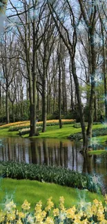 Scenic forest and lake view with vibrant greenery and daffodils.