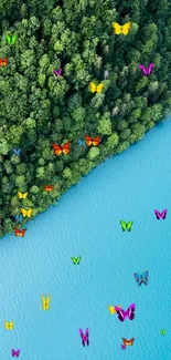 Aerial view of lush forest next to a serene blue lake.