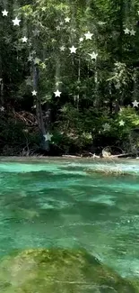 Lush forest with turquoise river, stars above.