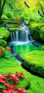 Serene forest landscape with birds over a waterfall.