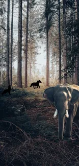 Wallpaper with an elephant and forest animals in a lush, serene forest setting.