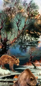 Artistic wallpaper of bears in a serene forest setting.