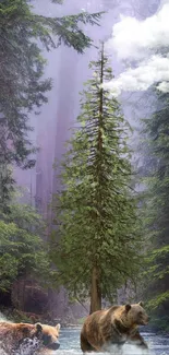 A bear in a tranquil forest with lush greenery and a flowing river.