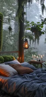 Cozy forest-themed bedroom with greenery and candles.
