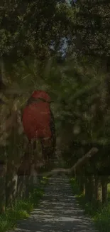 A vibrant red bird perched along a forest path surrounded by lush greenery.