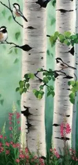 Mobile wallpaper of birds on birch trees in a forest with green and pink flowers.