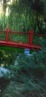 Red bridge with boat in lush forest scenery.