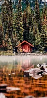 Serene forest cabin by the lake with reflections in tranquil setting.