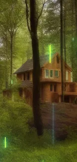 Cozy cabin nestled in a lush forest setting, ideal for nature-themed wallpaper.