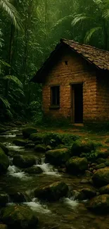 Rustic cabin by a stream in a lush green forest.