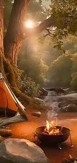 Serene camping scene with tent and campfire in a lush forest setting.